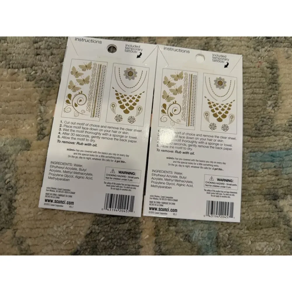 SCUNCI HAIR AND BODY TATTOO. 2 Sheets Each Gold & Silver 2 Pack 4 Sheets Total